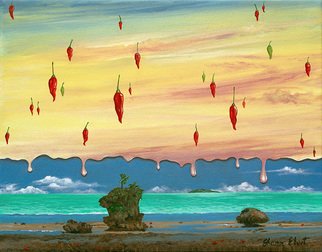 Sharon Ebert; Global Meltdown, 2008, Original Painting Acrylic, 14 x 11 inches. Artwork description: 241  The islands are melting away. . . even the chili's are sweating!  My concern about global warming. ...
