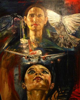 Sheila Fraga; ATERRIZA, 2009, Original Painting Oil, 41 x 45 inches. Artwork description: 241  selfportrait with bird ...