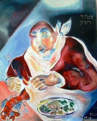 Shoshannah Brombacher, 'The Bad Son', 1997, original Painting Oil, 16 x 20  x 1 cm. Artwork description: 1758 I created a lot of art for Pesach, wrote a complete Haggadah, series of the 15 Steps, Chad kadya, Echad mee yodea, in black and white or in color, painted the seder, and more.  This painting belongs to a series of four, depicting the four sons in ...