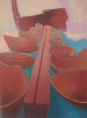 Sue Johnson; The Nunnery, 2011, Original Painting Oil, 22 x 30 inches. Artwork description: 241  While visiting a nunnery in Peru, I took a picture of a double line of huge terra cotta bowls.  This is the result of my attraction to that scene.      ...