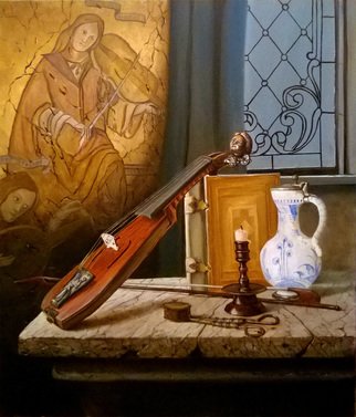 Slava Chylikin; Violin And Book, 2017, Original Painting Oil, 60 x 70 cm. Artwork description: 241 A modern look at old things. Keywords Violin, book, frescoes ...