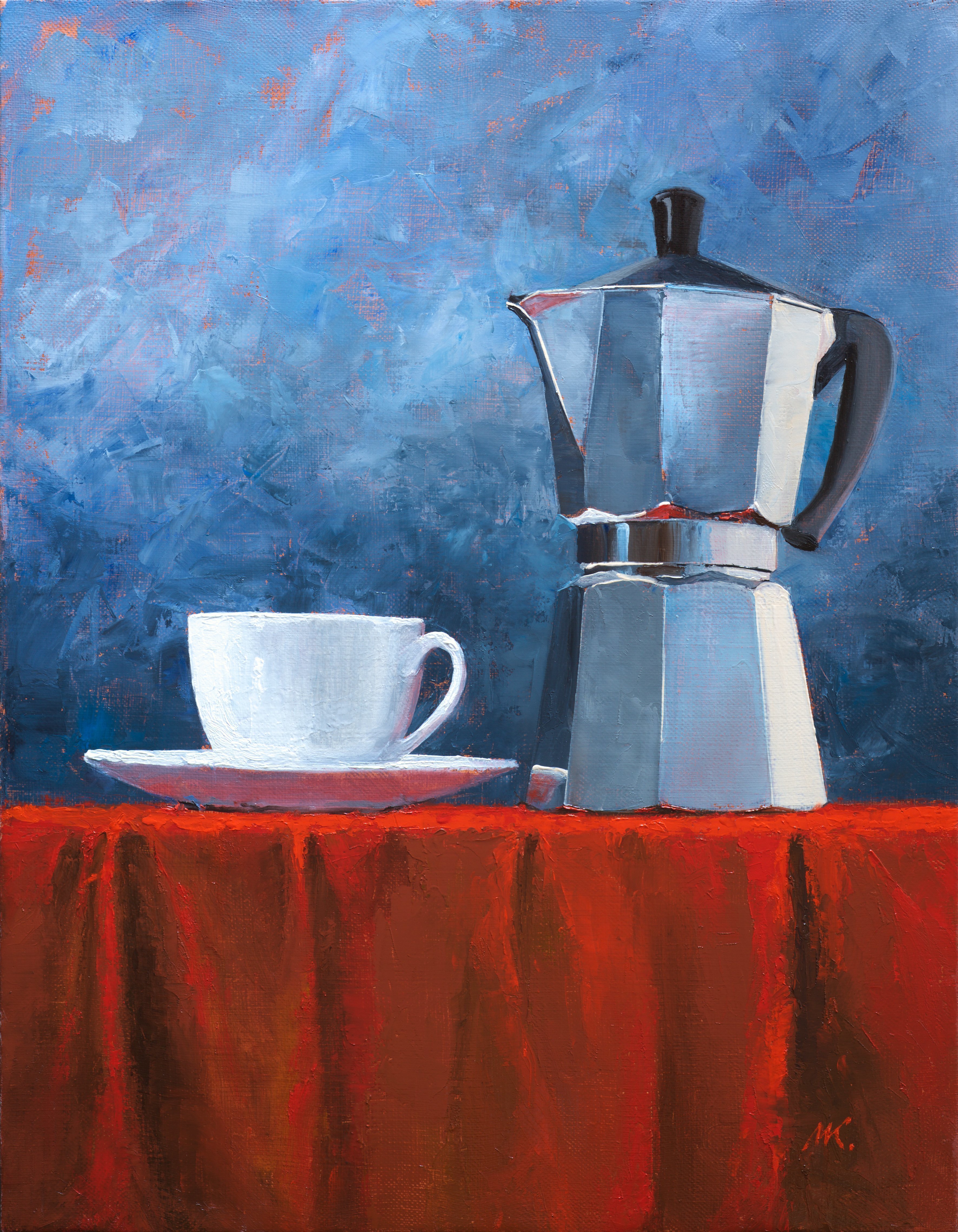 Mikhail Velavok; Moka , 2017, Original Painting Oil, 17.5 x 13.5 inches. Artwork description: 241 Original oil painting on canvas. The work is being sold unframed.cup, white cup, coffee, coffeepot, bialetti, moka pot, moka, mokha, red, wrinkle, fold, fabric, red fabric, tablecloth, still life, roasted coffee, dark roasted coffee...
