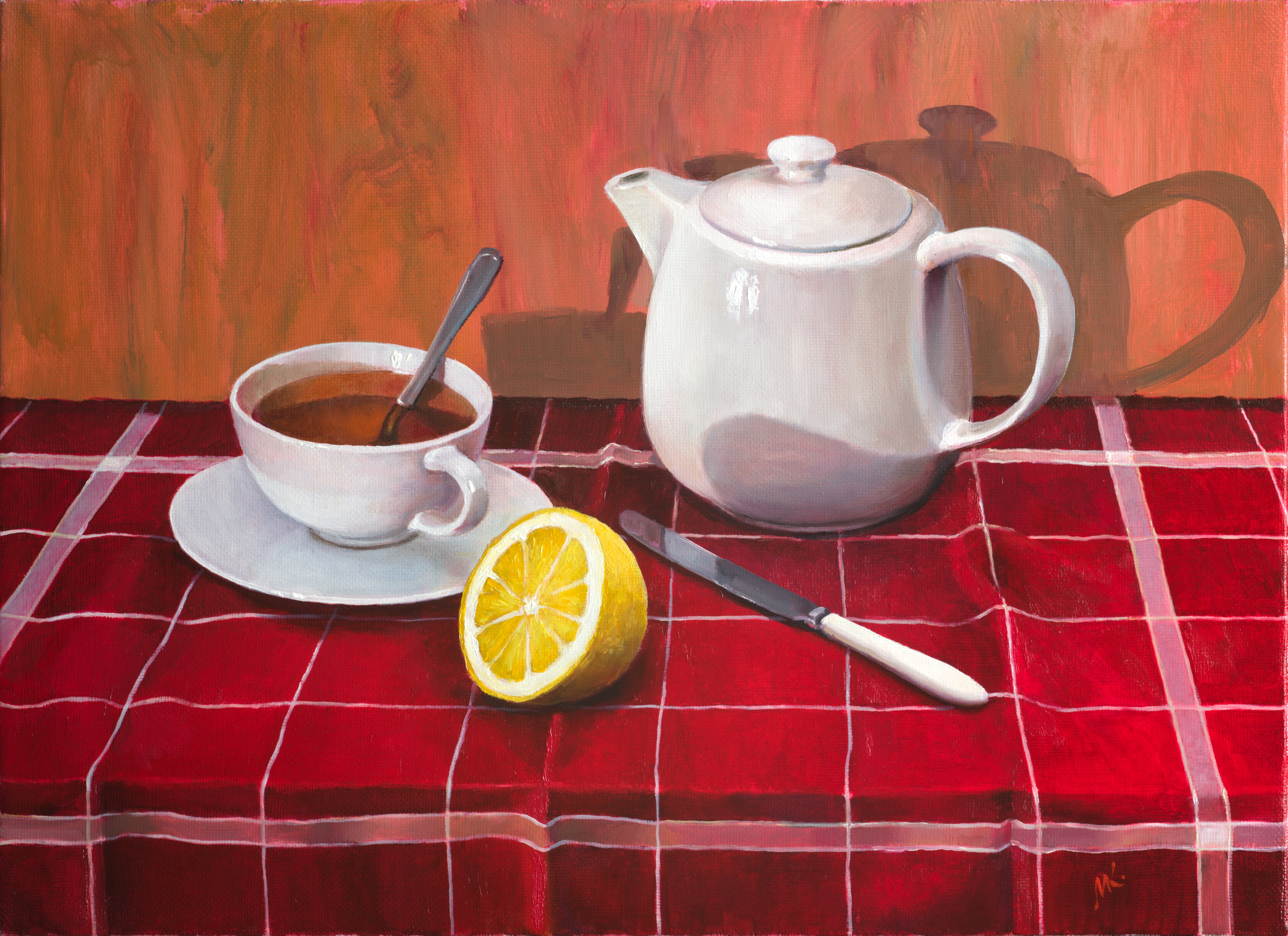 Mikhail Velavok; Tea With Lemon Comp 3, 2018, Original Painting Oil, 55 x 40 cm. Artwork description: 241 Original oil painting on stretched canvas. The artwork is being sold unframed. The frame in the additional photo is an example only.tea, lemon, teapot, cup, knife, still life, red, checkered, fold, original...