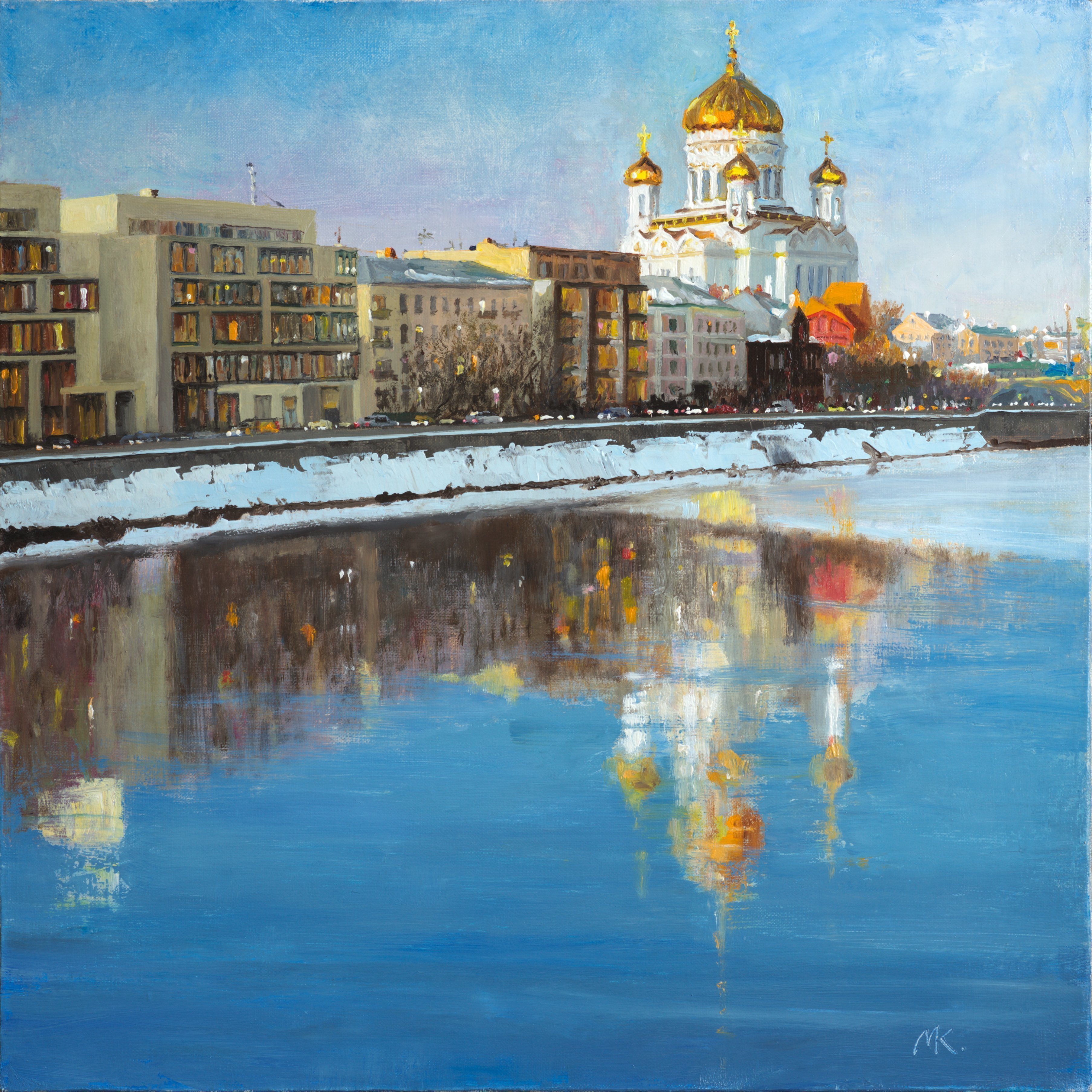 Mikhail Velavok; The Embankment, 2016, Original Painting Oil, 20 x 20 inches. Artwork description: 241  evening, embankment, city, cityscape, cathedral, street, sunset, water, river, winter, reflection, building...