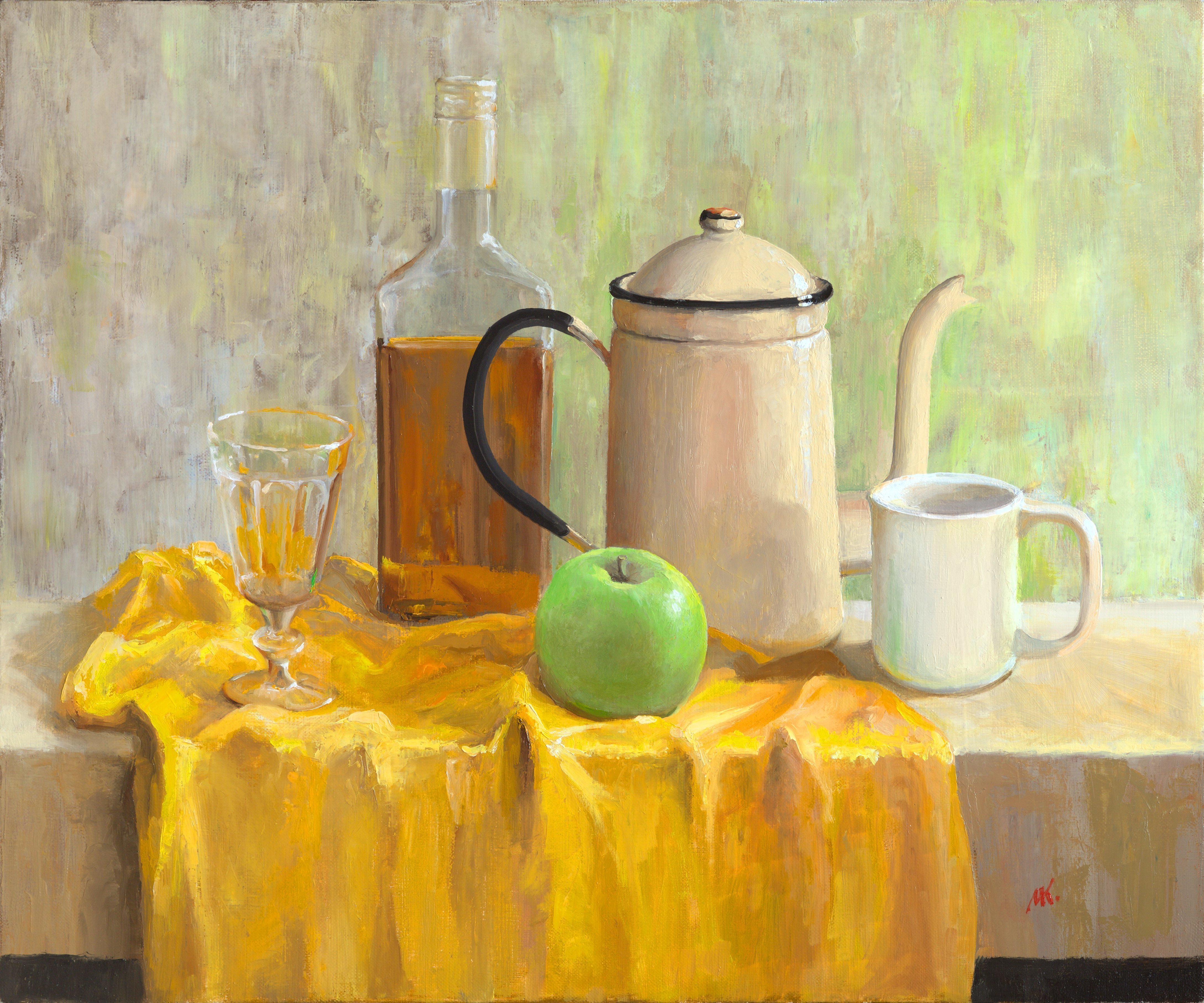 Mikhail Velavok; Green Apple, 2017, Original Painting Oil, 23.6 x 19.7 inches. Artwork description: 241 Original oil on canvas stretched on a wooden underframe. The artwork is being sold unframed. The frame in the additional photo is an example only.still life, apple, green apple, mug, cup, glass, wineglass, bottle, bottle glass, alcohol, coffeepot, coffee pot, wrinkle, fold, yellow, fabric...