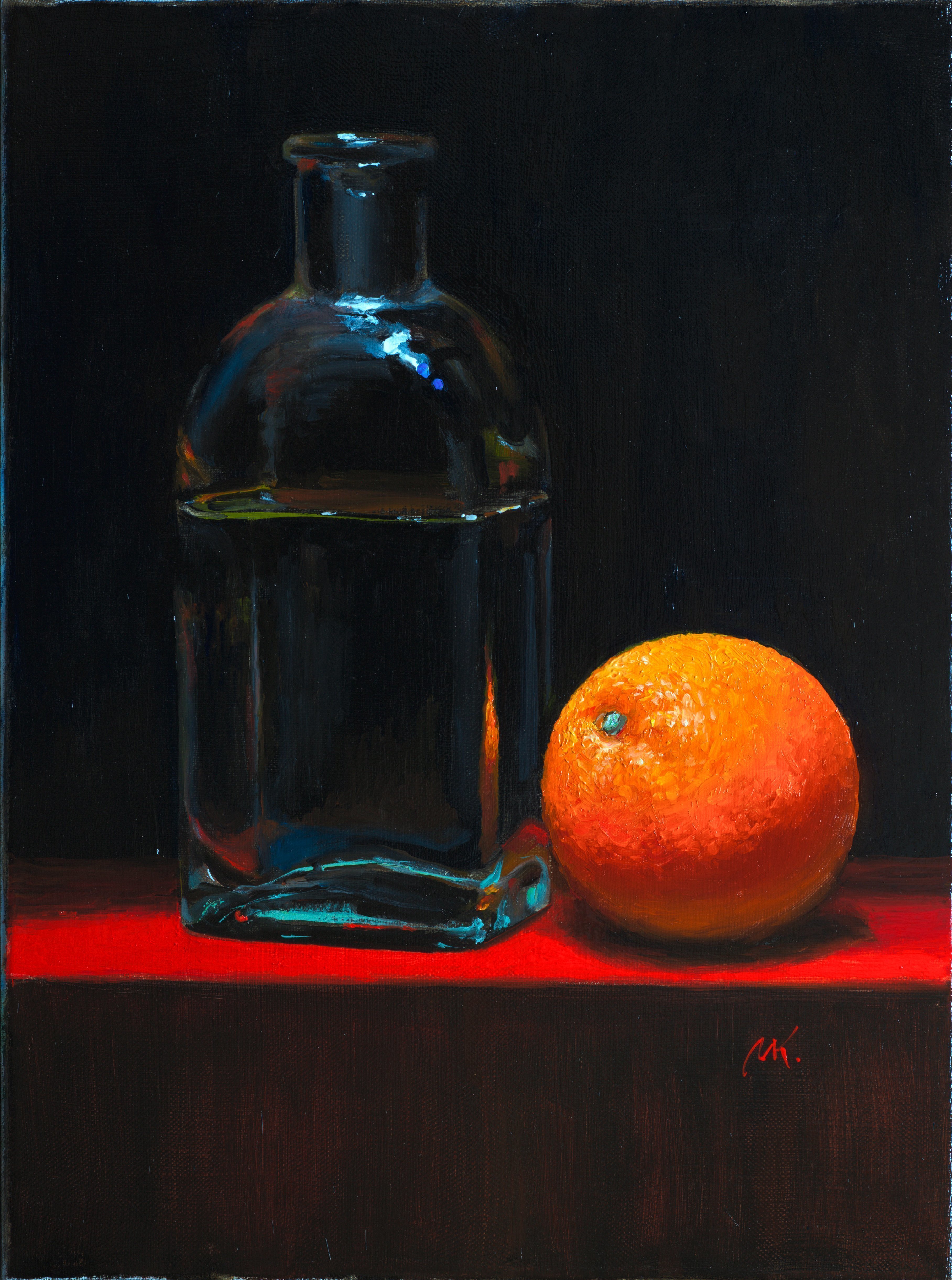 Mikhail Velavok; Orange, 2017, Original Painting Oil, 11.8 x 15.7 inches. Artwork description: 241 Original oil on canvas stretched on a wooden underframe. The artwork is being sold unframed. The frame in the additional photo is an example only.orange, red, dark, glass, bottle...
