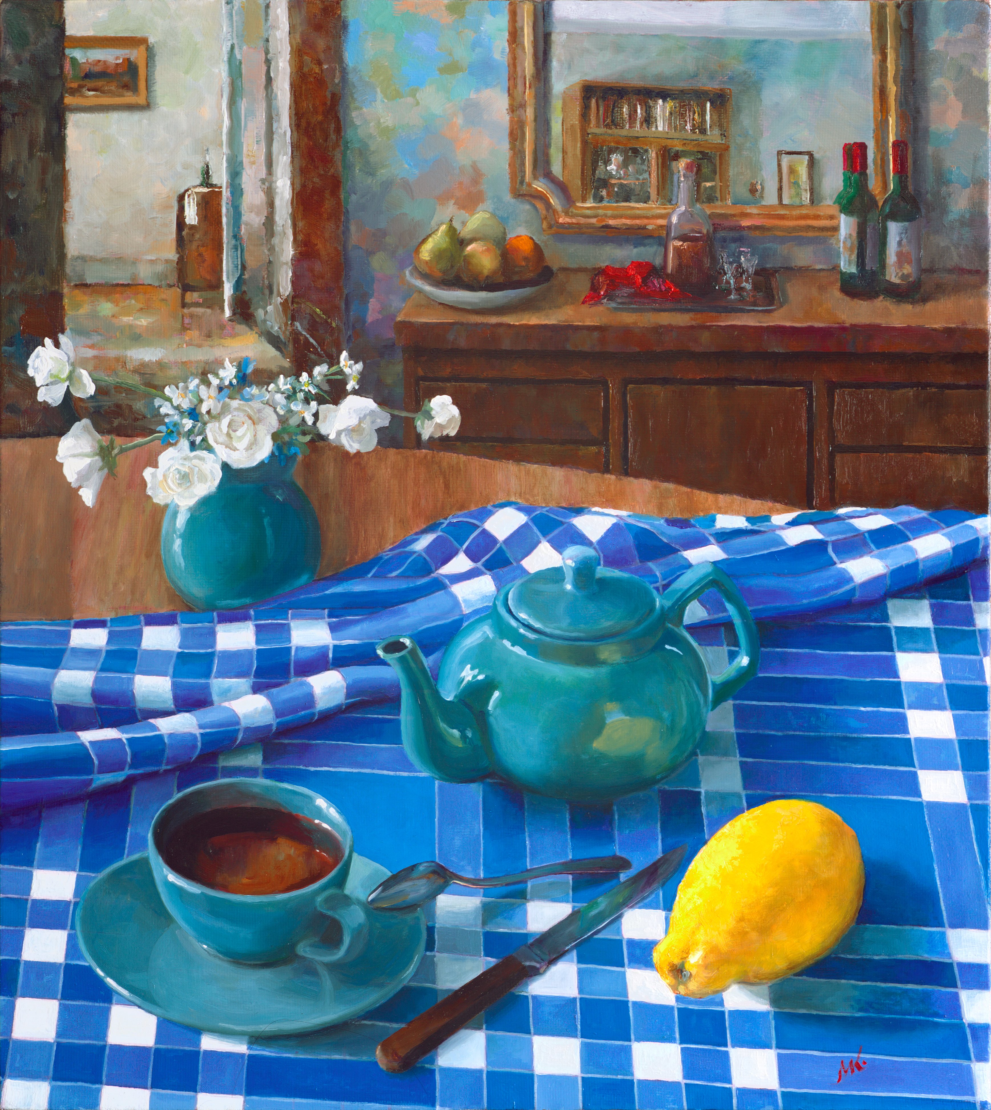 Mikhail Velavok; Tea With Lemon Comp 2, 2018, Original Painting Oil, 50 x 56 cm. Artwork description: 241 Original oil painting on stretched canvas. The artwork is being sold unframed. The frame in the additional photo is an example only.tea, lemon, teapot, cup, still life, blue, checkered, fold, room, interior...