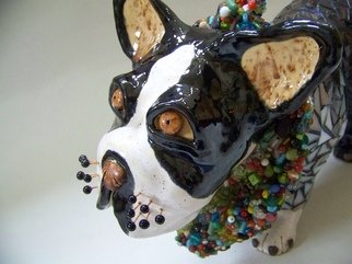 Suzanne Noll; Chipper, 2007, Original Sculpture Ceramic, 18 x 13 inches. Artwork description: 241    Chipper is a Boston Terrier Dog Sculpture made of high fired clay and glazes with mosaics of stained glass, broken mirror and beads. The whiskers are made of copper wire with polymer clay balls at the ends.As with all my creations, Chipper is a handmade, signed, ...