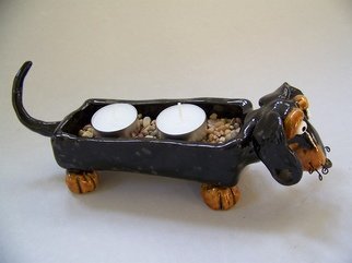 Suzanne Noll; Dachshund Dog Tea Candle ..., 2011, Original Ceramics Handbuilt, 3.5 x 4 inches. Artwork description: 241       This cute little Doxie candle holder is great decor for any Dachshund lover. The ceramics are made of high fire ceramics and various glazes. I added whiskers made of black wire that are curled at the tips. Two white tea candles and brown pebbles included.As with ...