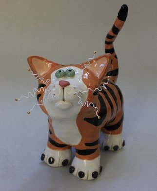 Suzanne Noll; Tiger Striped Cat Sculptu..., 2012, Original Ceramics Handbuilt, 8 x 8.5 inches. Artwork description: 241      This beautiful tiger striped, whimsical cat sculpture is made with cat lovers in mind. He was hand created from high fired ceramics and color enhanced with the use of various glazes. I added small embellishments and details to further refine the appeal, such as the button pink ...