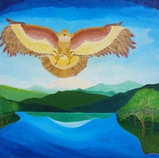Gregory Roberson; Regal Place, 2016, Original Painting Acrylic, 24 x 24 inches. Artwork description: 241  Original acrylic painting on Masonite board. A majestic hawk in a Regal Place is flying above the landscape and commands power in a serene place. landscape, bird, hawk, sky, lake, water, mountains, eagle, nature, animals ...
