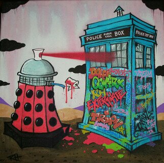 Ross Hendrick; Exterminate, 2018, Original Mixed Media, 16 x 16 inches. Artwork description: 241 Dalek spray can spraying the Dr Who Tardis. ...