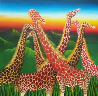 Massimiliano Stanco; Nairobi, 2008, Original Painting Oil, 40 x 40 inches. Artwork description: 241  Surrealist giraffes together...