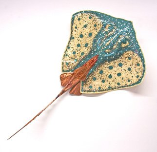 Stan Harmon; Glass Stingray, 2014, Original Sculpture Glass, 30 x 6 inches. Artwork description: 241  Kiln formed glass with copper and bronze tail. Can be displayed on wall or hanging from ceiling upside down or as part of a mobile with multiple stingrays. Comes in 3 sizes.   Fused Glass, copper, bronze, steel   ...