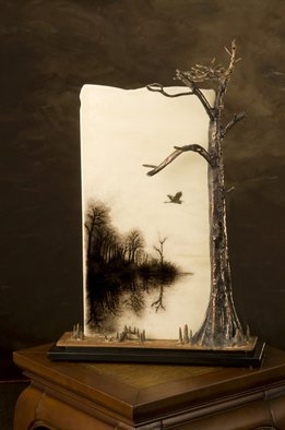 Stan Harmon; Going Home, 2009, Original Sculpture Glass, 12 x 20 inches. Artwork description: 241  Kiln- formed sheet glass with black powder imagery. No enamels used. Copper, bronze and steel used in  cypress tree with osprey nest. 12x20x6 inches ...