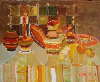 Stella Spiridonova; Still Life, 2009, Original Painting Oil, 25 x 21 inches. Artwork description: 241  Nice pottery and couple of fruits create a warm line of object on canvas. there is a long candle that goes higher then all others. Except the fruits the other ceramic stuff is from my ancestors'collection. ...