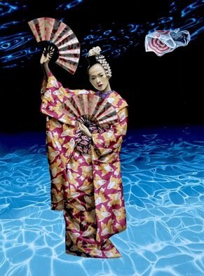 Stephen Hall; Beauty And The Empty Ocean, 2020, Original Painting Acrylic, 4 x 5.4 inches. Artwork description: 241 A Geisha adorned in various treasures of sea life, stands in an empty ocean with the image of a plastic bag branded as a metaphor for corporate greed. ...
