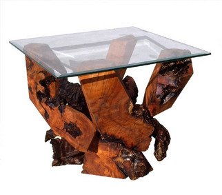 Daryl Stokes; Sculptured Redwood Glass ..., 2009, Original Sculpture Wood, 30 x 30 inches. Artwork description: 241  Striking Redwood burl glass top end table with a dramatic base design that combines bold sculptural forms with organic beauty. The polished geometric wood components interact gracefully with their rustic gnarly burl counterparts to produce a visually intriguing structure with sharp contrasts. The burl end table supports ...