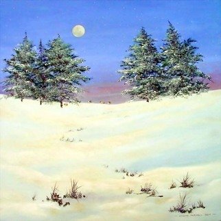 Stuart Parnell; Sheep In The Snow, 2007, Original Painting Acrylic, 50 x 50 cm. Artwork description: 241  A winter landscape at moonrise in north Wales, a few sheep try to shelter from the snow, underneath the pine trees.Signed and dated, the painting continues on to the sides of the canvas, no frame required. ...