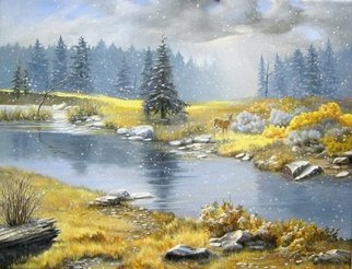 Suzanne Painter; First Snow On The Little ..., 2010, Original Painting Oil, 18 x 24 inches. Artwork description: 241   While on vacation, the first snow of the season came quietly on the Little Truckee river. It is also, the first snow for the little button buck. ...