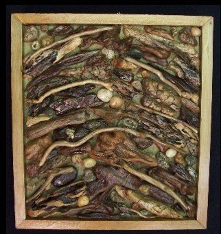 Janice Young; From The River 6, 2013, Original Mixed Media, 15.3 x 16.8 inches. Artwork description: 241  Drift wood stone and sand on canvas over foam panel wood boxed frame                       ...