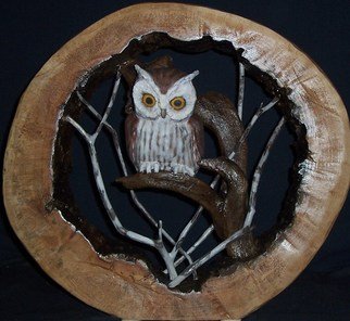 Janice Young; On Watch, 2014, Original Mixed Media, 16 x 16 inches. Artwork description: 241         Log cross section, drift wood, porcelain, stain, oil paint, and finish                              ...