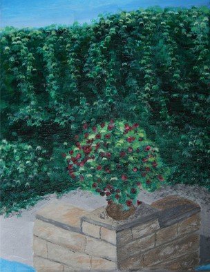 Susan Barnett-Jamieson; Wall Of Ivy, 2008, Original Painting Acrylic, 10 x 8 inches. Artwork description: 241  A pot of petunias in front of a high wall of ivy. ...