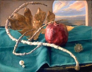 Sofia Wyshkind; Attributes Of Nature, 1994, Original Painting Oil, 14 x 11 inches. Artwork description: 241  Pomegranate, dry branch, dry oak leaf and pearl on green close. Arched window on back ground with the view of the sea. ...