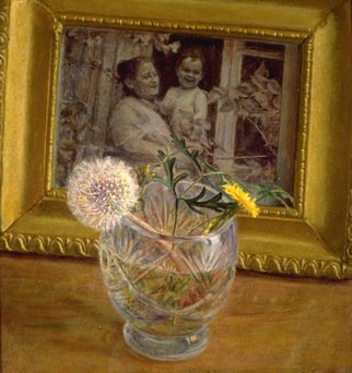 Sofia Wyshkind; Remenisence, 1978, Original Painting Oil, 12 x 12 inches. Artwork description: 241  The glass with dandelion and picture of woman with baby in the frame ...