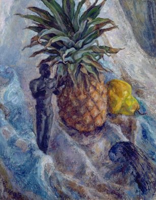Sofia Wyshkind, 'banjo player', 1990, original Painting Oil, 15 x 18  x 3 inches. Artwork description: 1911   banjo player and pineapple ...
