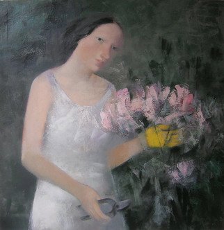 Stanislav Zvolsky; In A Garden, 2008, Original Painting Oil, 101 x 101 cm. Artwork description: 241 oil, painting, In a garden, a yellow glove, a garden, flowers, the gardener, green, portrait,  ...