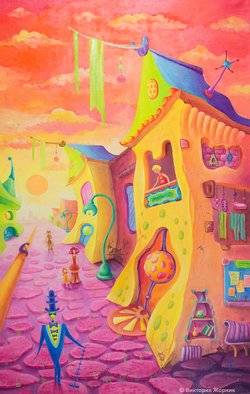 Viktoria Zhornik; Stroll, 2015, Original Painting Oil, 50 x 80 cm. Artwork description: 241  city, sun, architecture, sunset, people, surrealism, landscape, positive, bright, fantasy ...
