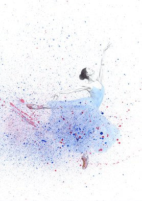 Tracey Carmen; Blue Ballerina In Motion, 2018, Original Watercolor, 297 x 420 mm. Artwork description: 241 This is part pencil drawing and part watercolour of a ballerina. The top part of the dancer is purposely kept colourless to show a contrast between that part and the movement and colour of the body. The body has been covered with some spray to further add ...
