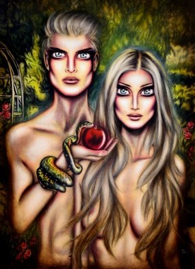 Tiago Azevedo; Adam And Eve In Eden By T..., 2016, Original Painting Oil, 20 x 28 inches. Artwork description: 241 This painting is an interpretation of Genesis in which Eve is blamed for accepting the forbidden fruit, although the type of fruit is not stated, tradition opts for an apple and there is a reference to a second tree, a fig, whose leaves are used by Adam ...