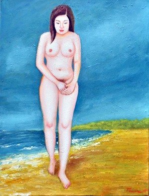 Nguyen Huu Thuan; ALone, 2015, Original Painting Oil, 42 x 58 cm. Artwork description: 241 Thepainting describe a girl walk alone before swim near the beach...