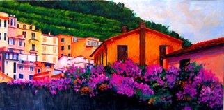 Michael Tieman; Vineyards And Blossoms,  ..., 2012, Original Painting Acrylic, 48 x 24 inches. Artwork description: 241  Landscape painting of the Cinque Terre area of Italy. This is the entrance into the town of Manarola, with the intense flowers in the foreground, colorful buildings and in the background, the stepped vineyards.  ...