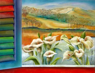 Miriam Besa; From My Window, 2013, Original Painting Oil, 34 x 24 inches. Artwork description: 241 A breathtaking view from my window - a beautiful landscape, and calla lilies. At a distance is a majestic scene of mountains, valleys and clusters of trees. This landscape evoke those quiet places where there are only natural sounds- the wind, bird song, little rustlings in the underbush. ...