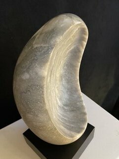 Terry Mollo; Grey Teardrop, 2024, Original Sculpture Stone, 7 x 15 inches. Artwork description: 241 Grey alabaster teardrop form with white and beige and darker grey striations...