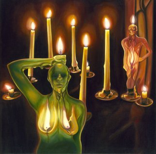 T. Smith; House Of Wax, 2008, Original Painting Oil, 36 x 36 inches. Artwork description: 241  A female and male figure stand both with their heads, breasts and private parts on fire in a darkened room surrounded by other flames.    The title refers to the illusion that of relationships where passion can melt the exterior and reveal the true nature.  The woman is ...