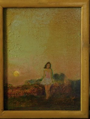 Malcolm Tuffnell; Twilight Walk, 2019, Original Painting Oil, 8.1 x 10 inches. Artwork description: 241 a rising moon, a girl walking- - twilight on the bluffs...