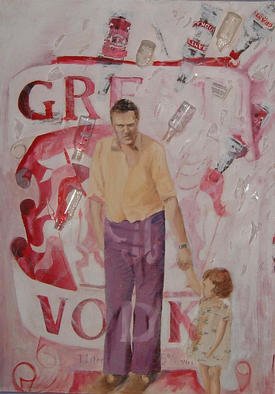 Stella Rich; Great Vodka, 2001, Original Mixed Media, 60 x 84 cm. Artwork description: 241 oil and collage on canvas.This piece is an attempt to communicate my alcohol fueled depression after the death of my father. A distant memory of myself as a child holding daddy' s hand is blurred through the haze of vodka. ...