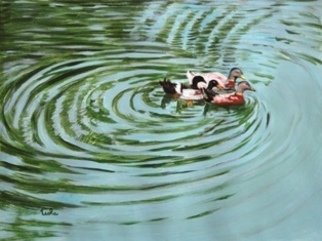Usha Shantharam; Duck Journey, 2010, Original Painting Acrylic, 16 x 12 inches. Artwork description: 241 Herd Series - Ducks , Indian, waterscape, usha, shantharam, lake, blue, ducks, ripples, green, ducks, journey, herd...