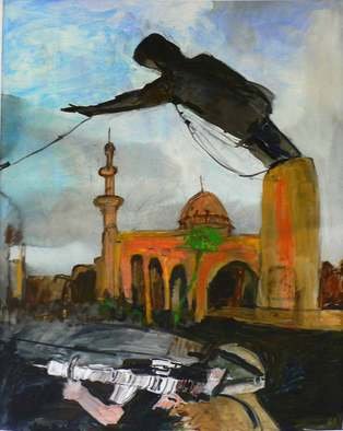 B Van Der Heide; Falling 3, 2010, Original Painting Acrylic, 160 x 190 cm. Artwork description: 241    Saddam, Iraq, war, soldiers, fire, smoke,  falling statue   ...