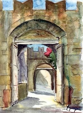 Giovan Beck; OldTown, 1992, Original Watercolor, 24 x 30 cm. Artwork description: 241 The Old Town Of Rhodes, Platanakia Entrance. Watercolour on paper....