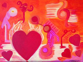 Vanessa Bernal; Love Is In The Air, 2010, Original Mixed Media, 24 x 18 inches. Artwork description: 241  Abstract Expressionism, Expressionist, Abstract, Modern Art, Modern, Fine Artred, yellow, orange, pink, love, mixed media, hearts, fantasy, illustrative, iilustration, wash,            ...