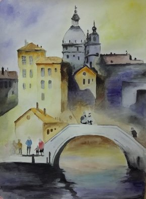 Victoria Zavyalova; Bridge, 2016, Original Watercolor, 27 x 42 inches. Artwork description: 241  city, bridge, water, people ...