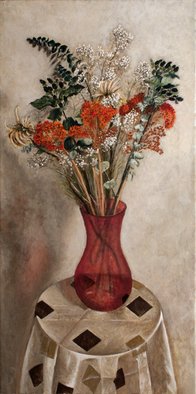 Vladimir Kezerashvili; Dry Flowers, 2012, Original Painting Acrylic, 18 x 36 inches. Artwork description: 241  still life, fish, tomatoes, eggs, lemons, hat, bottle, flowers           ...