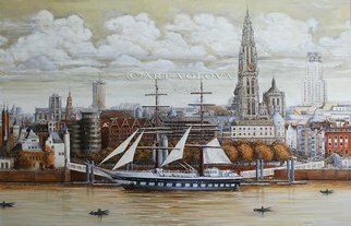 Volova Volova; Flandria, Antwerp, 2016, Original Painting Acrylic, 140 x 90 cm. Artwork description: 241  city architecture Antwerpen haven skyline...