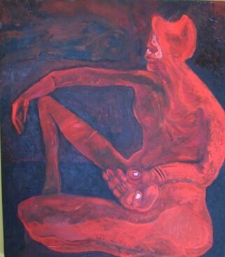 Michael Weston; The Red Rabbit, 2006, Original Painting Oil, 24 x 30 inches. Artwork description: 241 A man in a costume seated in a dark room  after reading an unpublished book I had access to years ago that I attempted to translate to images - this being of the main character in a permutation as he drifted across what was termed  riding hideous across ...