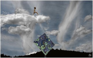 Wayne King; Choose Your Own Path Aim High, 2012, Original Photography Color, 18.6 x 30 inches. Artwork description: 241  Subtitle: The Cloud Jumper The third in a series of images entitled Finding Your Own Path. This image depicts a nude male leaping between clouds over a lichen encrusted sign....